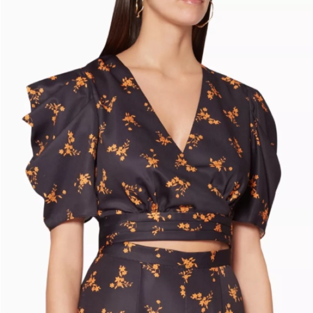 Keepsake the label allure ditsy black orange floral crop top XXS bubble sleeves